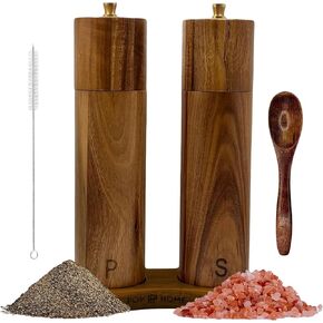 Wooden Salt And Pepper Grinder Set - 8″ Acacia Mills, Adjustable Ceramic Core, Refillable Wood Salt and Pepper Shakers With Tray, Spoon & Brush in Saudi Arabia