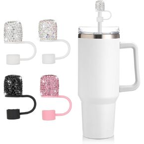 مجموعة غطاء من القش بأحجار الراين اللامعة - 4 قطع من غطاء القش مقاس 0.4 بوصة/10 مم لأكواب ستانلي 30 و40 أونصة، تتضمن أغطية من القش باللون الوردي والأسود والفضي والملون، من السيليكون لملحقات زجاجات المياه in Kuwait