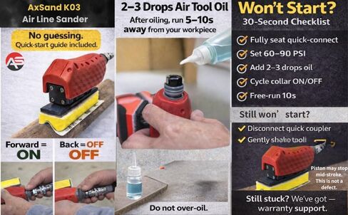 آلة صنفرة الهواء ذات الخط المستقيم + 13 قالب صنفرة محيطي + 60 ورقة صنفرة. وزن خفيف 520 جم، تحكم منخفض في التعب. للأعمال الخشبية والأثاث والإعدادات المعدنية. ضمان لمدة سنة واحدة. in Kuwait