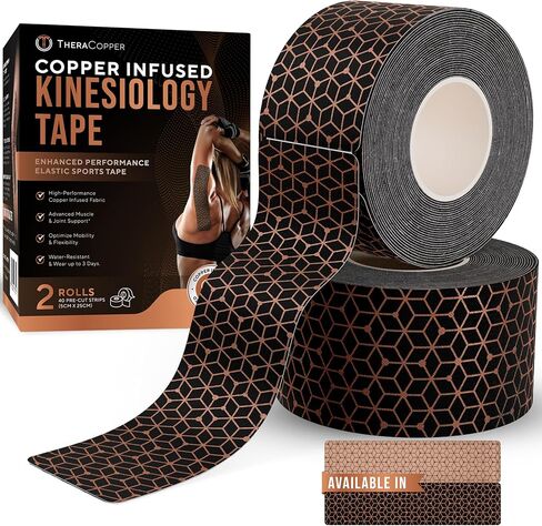 TheraCopper Copper Infused Kinesiology Tape – 2 Rolls (40 Precut Strips) – Advanced Waterproof Kinesiology Tape for Shoulder, Elbow, Bowling Wrist, Weightlifting, Muscle Strain & Joint Support in Kuwait