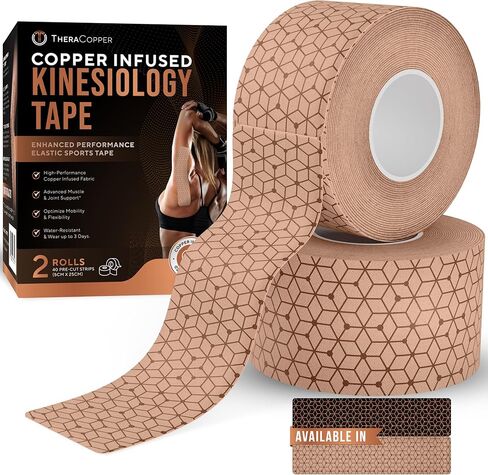 TheraCopper Copper Infused Kinesiology Tape – 2 Rolls (40 Precut Strips) – Advanced Waterproof Kinesiology Tape for Shoulder, Elbow, Bowling Wrist, Weightlifting, Muscle Strain & Joint Support in Saudi Arabia