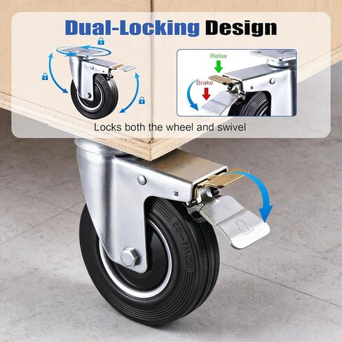 5 Inch Caster Wheels Set of 4 Heavy Duty, 1120 Lbs Dust-Proof Rubber Casters, Locking Swivel Wheels for Workbench, Cart, Furniture & Tool Box (Hardware Kits & Gloves Included) in Kuwait