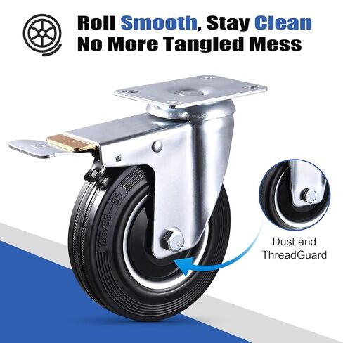 5 Inch Caster Wheels Set of 4 Heavy Duty, 1120 Lbs Dust-Proof Rubber Casters, Locking Swivel Wheels for Workbench, Cart, Furniture & Tool Box (Hardware Kits & Gloves Included) in Kuwait