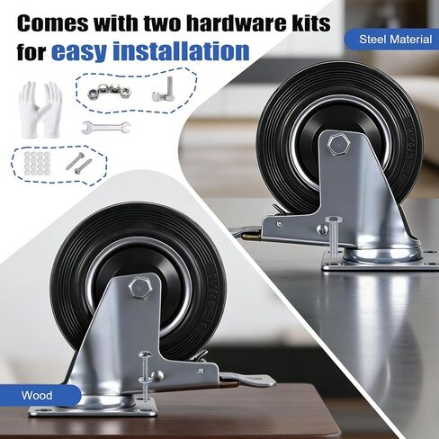 5 Inch Caster Wheels Set of 4 Heavy Duty, 1120 Lbs Dust-Proof Rubber Casters, Locking Swivel Wheels for Workbench, Cart, Furniture & Tool Box (Hardware Kits & Gloves Included) in Kuwait
