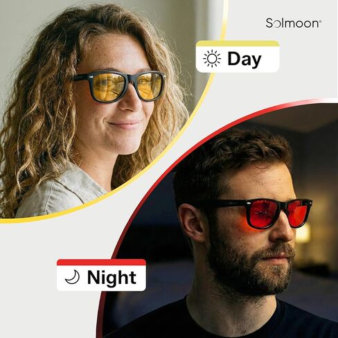 Solmoon - نظارات زرقاء تحجب الضوء - عدسة صفراء لغروب الشمس وعدسة حمراء ليلية عميقة، عدسات American Tritan™ خالية من مادة BPA، تتضمن حقيبتين وقطعة قماش للتنظيف - نظارات بعدسات حمراء للجنسين in Saudi Arabia