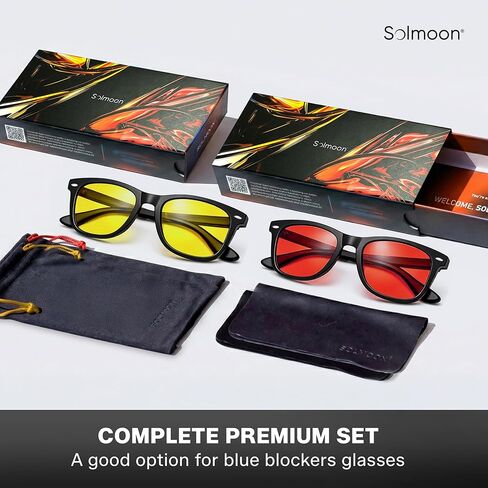 Solmoon - نظارات زرقاء تحجب الضوء - عدسة صفراء لغروب الشمس وعدسة حمراء ليلية عميقة، عدسات American Tritan™ خالية من مادة BPA، تتضمن حقيبتين وقطعة قماش للتنظيف - نظارات بعدسات حمراء للجنسين in Saudi Arabia