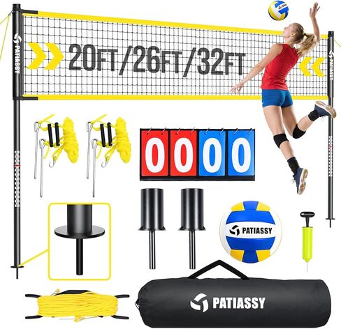 Outdoor Portable Volleyball Net Set for Backyard Beach with Adjustable Height & Width (32/26/20FT) Rust-Resistant Poles, PU Volleyball, Scoreboard, Carry Bag and Anti-Sagging Net for Easy Setup in Saudi Arabia