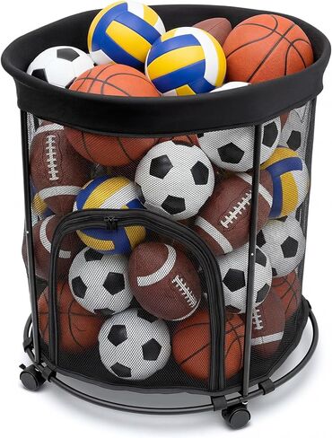 HENMI Upgraded Round Sports Ball Storage Cart - Rolling Ball Holder with Wheels for Basketball Storage & Outdoor Toy Storage, Metal Bin for Garage & School in Kuwait