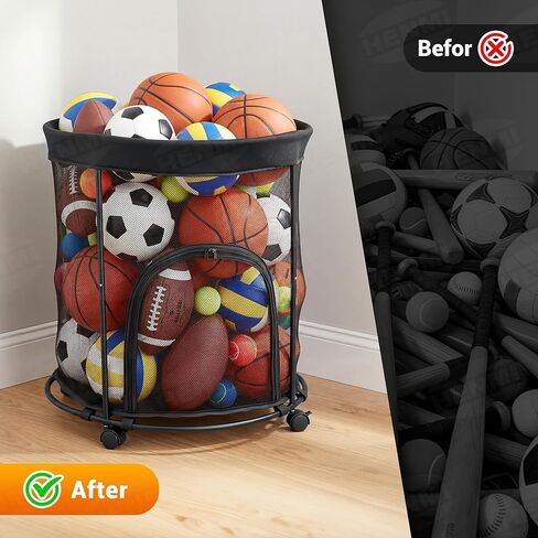 HENMI Upgraded Round Sports Ball Storage Cart - Rolling Ball Holder with Wheels for Basketball Storage & Outdoor Toy Storage, Metal Bin for Garage & School in Kuwait