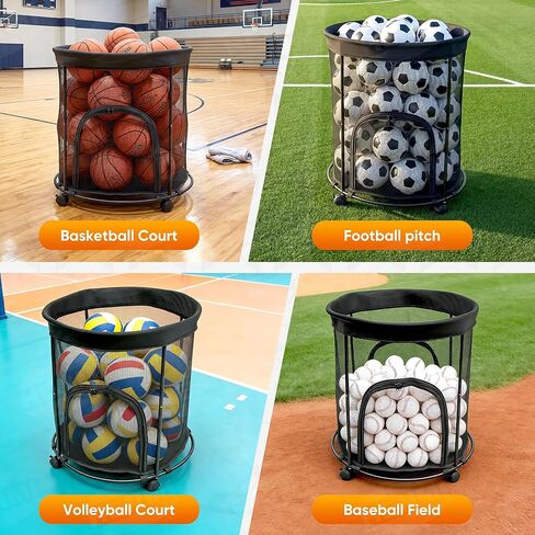 HENMI Upgraded Round Sports Ball Storage Cart - Rolling Ball Holder with Wheels for Basketball Storage & Outdoor Toy Storage, Metal Bin for Garage & School in Kuwait