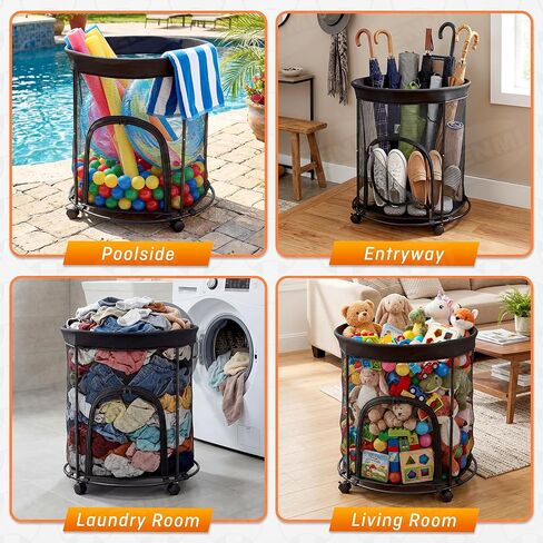 HENMI Upgraded Round Sports Ball Storage Cart - Rolling Ball Holder with Wheels for Basketball Storage & Outdoor Toy Storage, Metal Bin for Garage & School in Kuwait