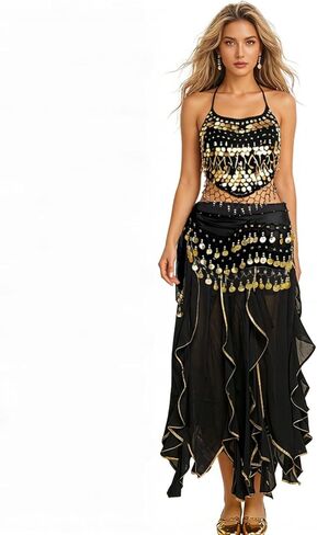 Women's Belly dance Costumes for Dancer Coins Top Belly Dance Hip Scarf Coins, Halloween Belly Dance Chiffon Skirt in Saudi Arabia