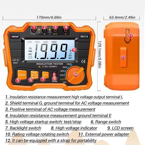 1PC MH10 Digital Megohmmeter Megger Meter Insulation Earth Ground Resistance 100-1000V Ohm Voltage Tester in Kuwait