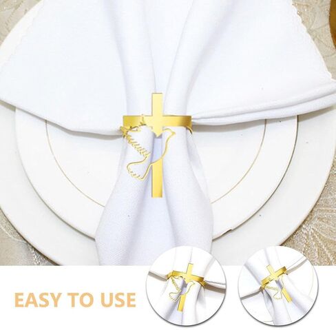 6 قطع من حلقات منديل حمامة السلام الذهبية من Cabilock، أبازيم حامل منديل من سبائك الزنك، ديكور طاولة المنزل المسيحي الديني للمعمودية، والتواصل، وحفلات الدش، وديكور الكنيسة in Kuwait