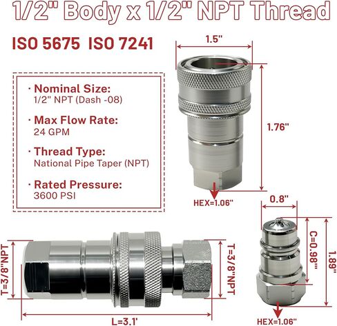 قارنات التوصيل السريع الهيدروليكية 1/2 بوصة Ag ISO 5675 مع صمام القفاز، خيط NPT 1/2 بوصة، 3600 رطل لكل بوصة مربعة، مناسبة لسلسلة Parker 8010-4 وPioneer 4000 in Saudi Arabia