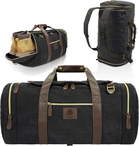 Duffle Bag for Travel, 50L Canvas Duffle Bag Vintage Travel Bag Overnight Bag with Shoes Compartment Men (Black) in Saudi Arabia