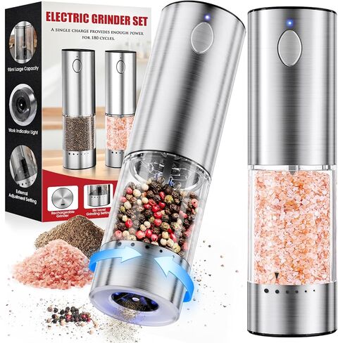 WOWBOX Electric Salt and Pepper Grinder Set 2 PCS, Stainless Steel Automatic Coarseness, Rechargeable Salt and Pepper Shakers, 95 L Large Capacity Multifunctional Pepper Mill, for Kitchen in Kuwait