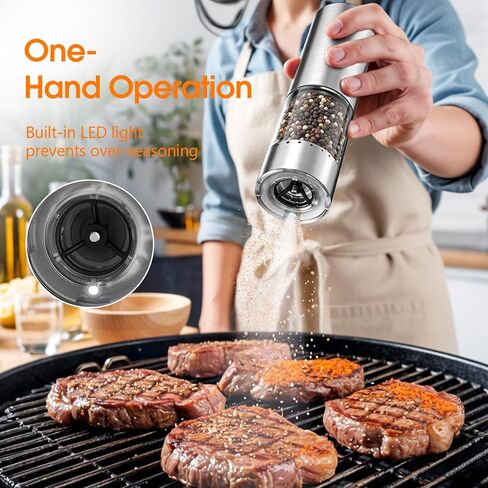 WOWBOX Electric Salt and Pepper Grinder Set 2 PCS, Stainless Steel Automatic Coarseness, Rechargeable Salt and Pepper Shakers, 95 L Large Capacity Multifunctional Pepper Mill, for Kitchen in Kuwait