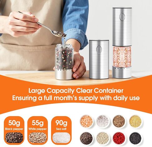 WOWBOX Electric Salt and Pepper Grinder Set 2 PCS, Stainless Steel Automatic Coarseness, Rechargeable Salt and Pepper Shakers, 95 L Large Capacity Multifunctional Pepper Mill, for Kitchen in Kuwait