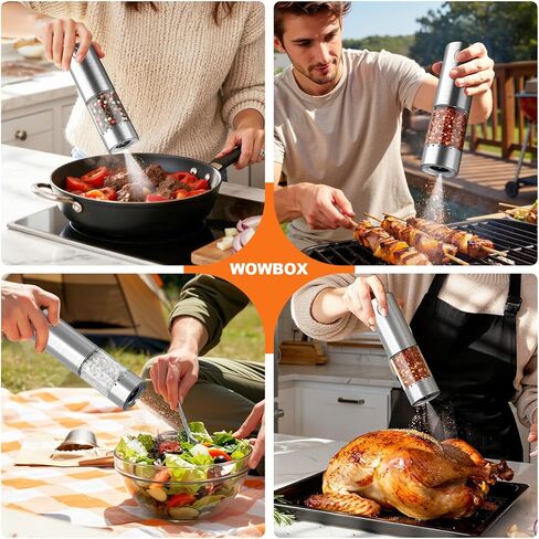 WOWBOX Electric Salt and Pepper Grinder Set 2 PCS, Stainless Steel Automatic Coarseness, Rechargeable Salt and Pepper Shakers, 95 L Large Capacity Multifunctional Pepper Mill, for Kitchen in Kuwait