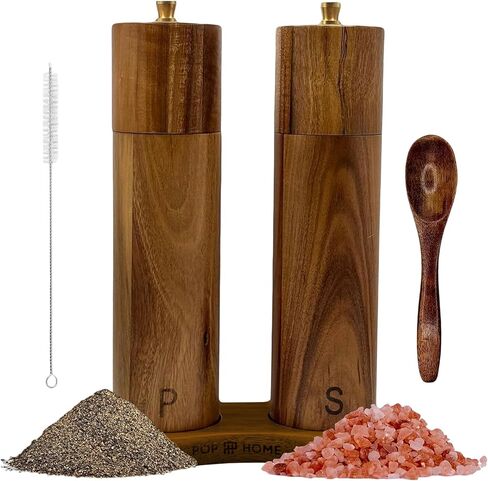 Wooden Salt And Pepper Grinder Set - 8″ Acacia Mills, Adjustable Ceramic Core, Refillable Wood Salt and Pepper Shakers With Tray, Spoon & Brush in Saudi Arabia
