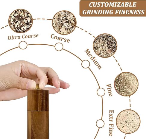 Wooden Salt And Pepper Grinder Set - 8″ Acacia Mills, Adjustable Ceramic Core, Refillable Wood Salt and Pepper Shakers With Tray, Spoon & Brush in Saudi Arabia