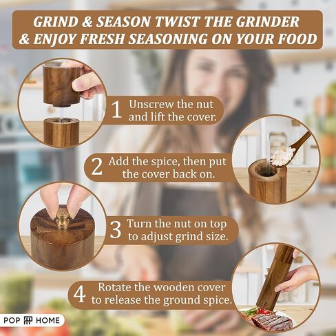 Wooden Salt And Pepper Grinder Set - 8″ Acacia Mills, Adjustable Ceramic Core, Refillable Wood Salt and Pepper Shakers With Tray, Spoon & Brush in Saudi Arabia
