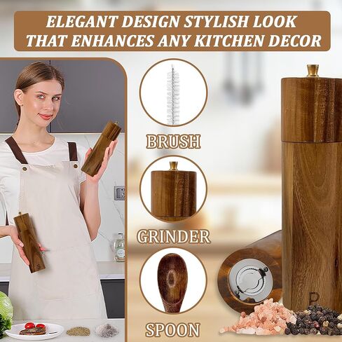 Wooden Salt And Pepper Grinder Set - 8″ Acacia Mills, Adjustable Ceramic Core, Refillable Wood Salt and Pepper Shakers With Tray, Spoon & Brush in Saudi Arabia
