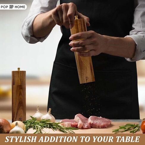 Wooden Salt And Pepper Grinder Set - 8″ Acacia Mills, Adjustable Ceramic Core, Refillable Wood Salt and Pepper Shakers With Tray, Spoon & Brush in Saudi Arabia