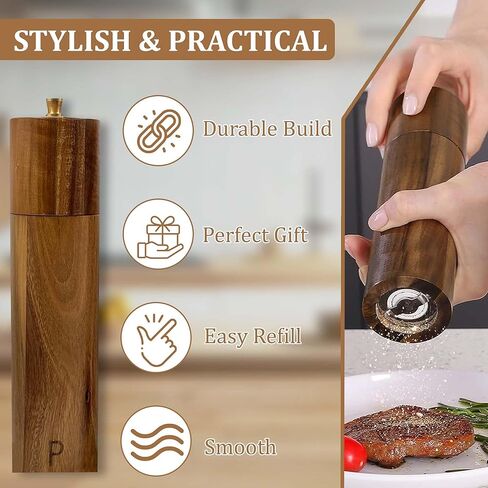 Wooden Salt And Pepper Grinder Set - 8″ Acacia Mills, Adjustable Ceramic Core, Refillable Wood Salt and Pepper Shakers With Tray, Spoon & Brush in Saudi Arabia