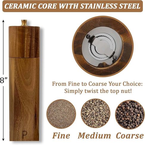 Wooden Salt And Pepper Grinder Set - 8″ Acacia Mills, Adjustable Ceramic Core, Refillable Wood Salt and Pepper Shakers With Tray, Spoon & Brush in Saudi Arabia