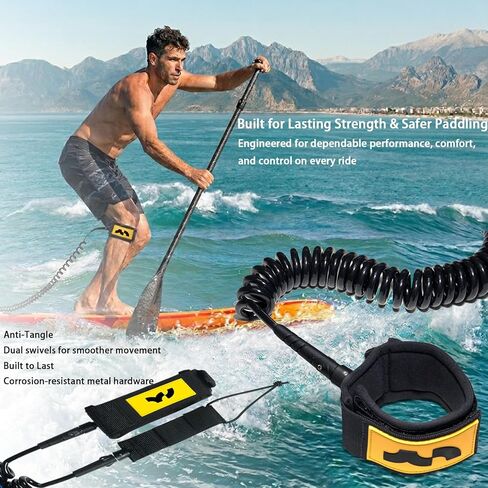 Mountocean Paddleboard Leash, All-Around 10 ft Coiled SUP Leash, Comfortable Ankle Cuff, Double Swivel, Anti-Tangle Ankle Leash for Stand Up Paddleboards in Saudi Arabia