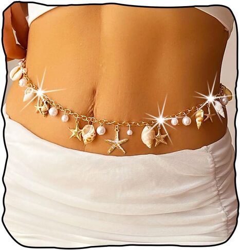 Seashell Starfish Waist Chain for Women Boho Conch Body Chains Gold Belly Chain Summer Beach Pearl Body Jewelry in Kuwait