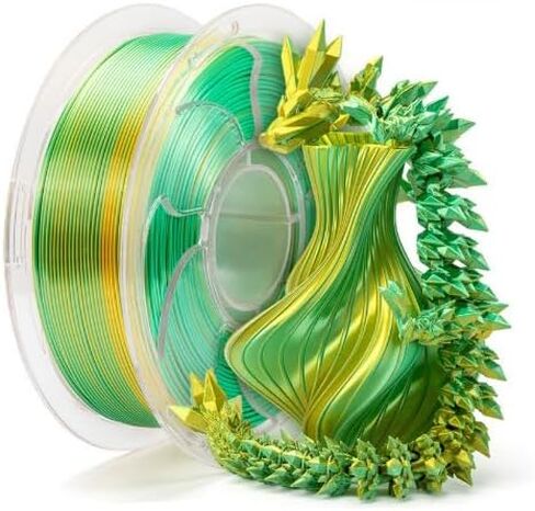 Silk Triple Color PLA+ 3D Printer Filament 1.75mm, No Tangle Shiny Filament Net Weight 250g Spool (0.55lbs), 3-in-1 Silk PLA, Bright Gold+Green in Saudi Arabia