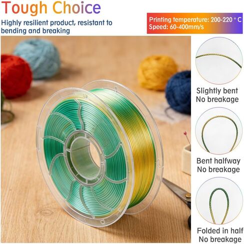 Silk Triple Color PLA+ 3D Printer Filament 1.75mm, No Tangle Shiny Filament Net Weight 250g Spool (0.55lbs), 3-in-1 Silk PLA, Bright Gold+Green in Saudi Arabia