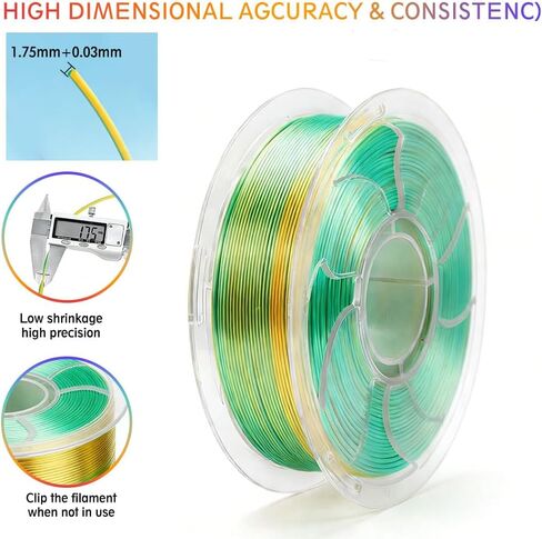 Silk Triple Color PLA+ 3D Printer Filament 1.75mm, No Tangle Shiny Filament Net Weight 250g Spool (0.55lbs), 3-in-1 Silk PLA, Bright Gold+Green in Saudi Arabia