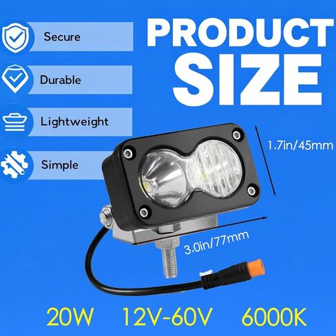 متوافق مع مصباح Ridstar Q20 Ebike الأمامي، 6500K 20W إضاءة LED مقاومة للماء فائقة السطوع للدراجة الإلكترونية، 3 دبوس عالمي 12V-60V للدراجة الإلكترونية والدراجات النارية والمركبات ATV in Kuwait