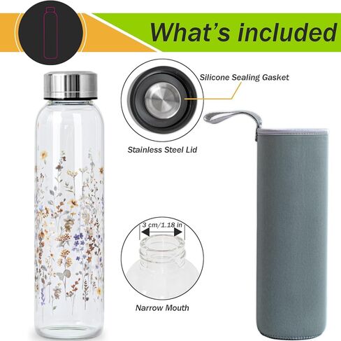 Clear Water Bottle 16 oz BPA Free Glass Drinking Bottle for Juice with Stainless Steel Lid and Neoprene Sleeve (16 ounce, Flourishing Flowers) in Saudi Arabia