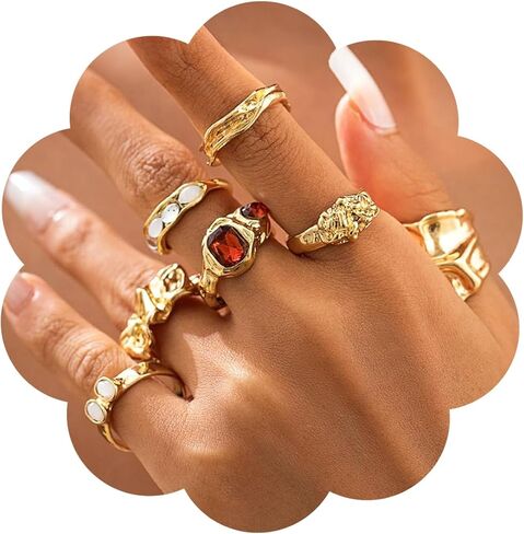 CJIAYUJEW Gold Chunky Rings for Women,Moonstone Irregular Wide Ring, Stacked Gemstone Ring Set, Geometric Rhinestone Encrusted Gemstone Rings for Women,Opening Stackable Ringhand Jewelry in Saudi Arabia