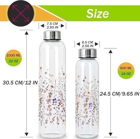 Clear Water Bottle 16 oz BPA Free Glass Drinking Bottle for Juice with Stainless Steel Lid and Neoprene Sleeve (16 ounce, Flourishing Flowers) in Saudi Arabia