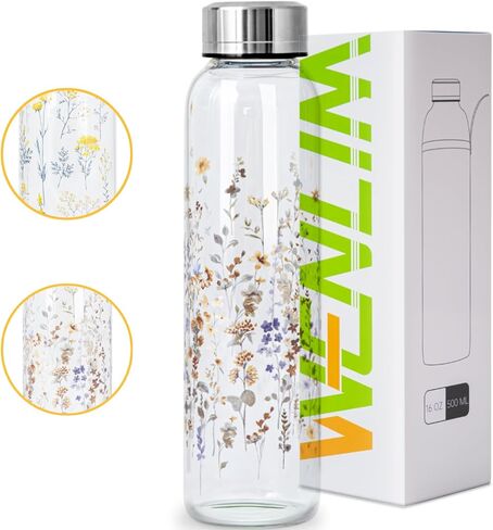 Clear Water Bottle 16 oz BPA Free Glass Drinking Bottle for Juice with Stainless Steel Lid and Neoprene Sleeve (16 ounce, Flourishing Flowers) in Saudi Arabia