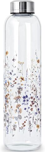 Clear Water Bottle 16 oz BPA Free Glass Drinking Bottle for Juice with Stainless Steel Lid and Neoprene Sleeve (16 ounce, Flourishing Flowers) in Saudi Arabia