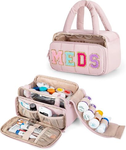 Fasrom Chenille Letter Medicine Bag, Preppy Patch Meds Bags for Travel, Pill Bottle Organizer with Puffy Handles, Portable Cosmetic Toiletry Storage Makeup Case for Women, Black (Bag Only) in Saudi Arabia