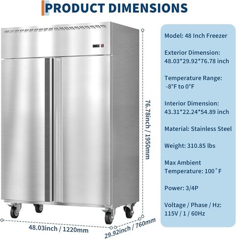 48" Commercial Upright Freezer, 36 Cu.Ft Reach-in Stainless Steel Freezer with 6 Adjustable Shelves, 680W Compressor, -8°F–0°F Digital Control, Auto Defrost for Restaurant Meat Ice Cream in Saudi Arabia