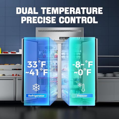 Coolake 48 بوصة ث 2 باب ثلاجة وفريزر تجاري كومبو، 36 قدم مكعب 2 قسم الفولاذ المقاوم للصدأ باب صلب مروحة التبريد تستقيم الوصول إلى الفريزر لمطعم، بار، متجر، المرآب in Saudi Arabia