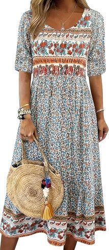 Womens Boho Dress Summer Casual 2025 Short Sleeve Loose Fit Floral Maxi Dress Flowy Beach Vintage Sundress Orange Floral M in Saudi Arabia