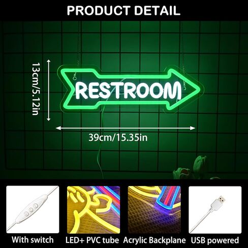 Looklight Restroom Arrow Neon Sign for Wall Decoration Right Arrow LED Light Sign Decor White and Green for Bathroom Hotels,Bars, Hospitals, Homes and Other Places with Toilets in Saudi Arabia