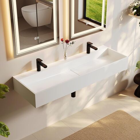 35'' Bathroom Vessel Sink V-Shaped Bathroom Sink Wall-Mount Stone Resin Floating Sink in Glossy White in Saudi Arabia