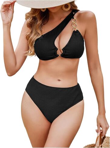 OYOANGLE Women's High Waisted Bikini Set One Shoulder 2 Piece Bathing Suit Ring Linked Swimsuits in Saudi Arabia