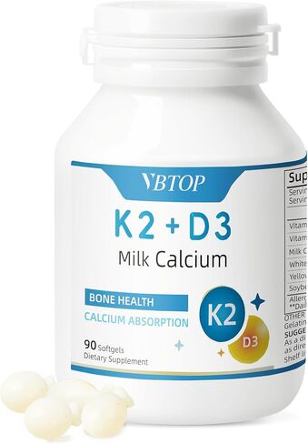 Calcium Supplement 800mg with Vitamin D3 1000 IU & K2 45mcg, Milk Calcium for Bone Density & Joint Support, Non-GMO Gluten Free, 90 Easy-Absorb Softgels for Adults in Saudi Arabia